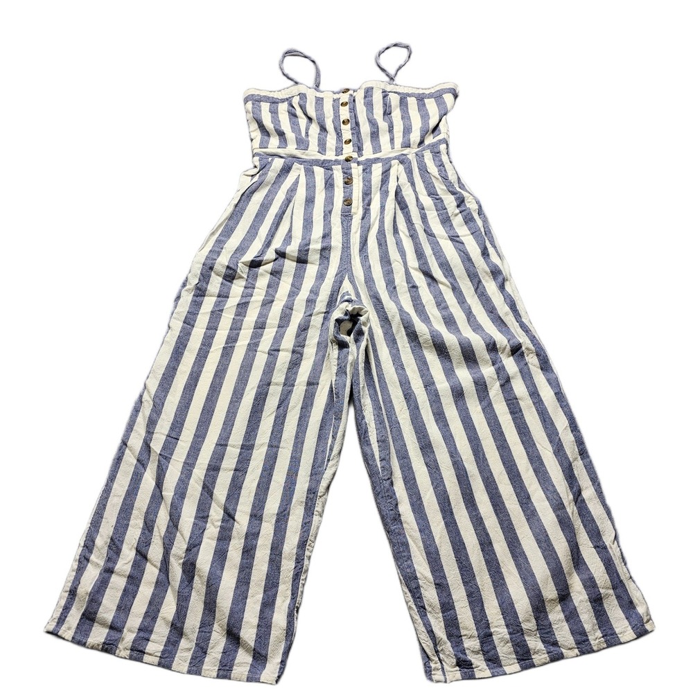 American Eagle Jumpsuit Womens Large Blue White Striped Linen Blend Wide Leg